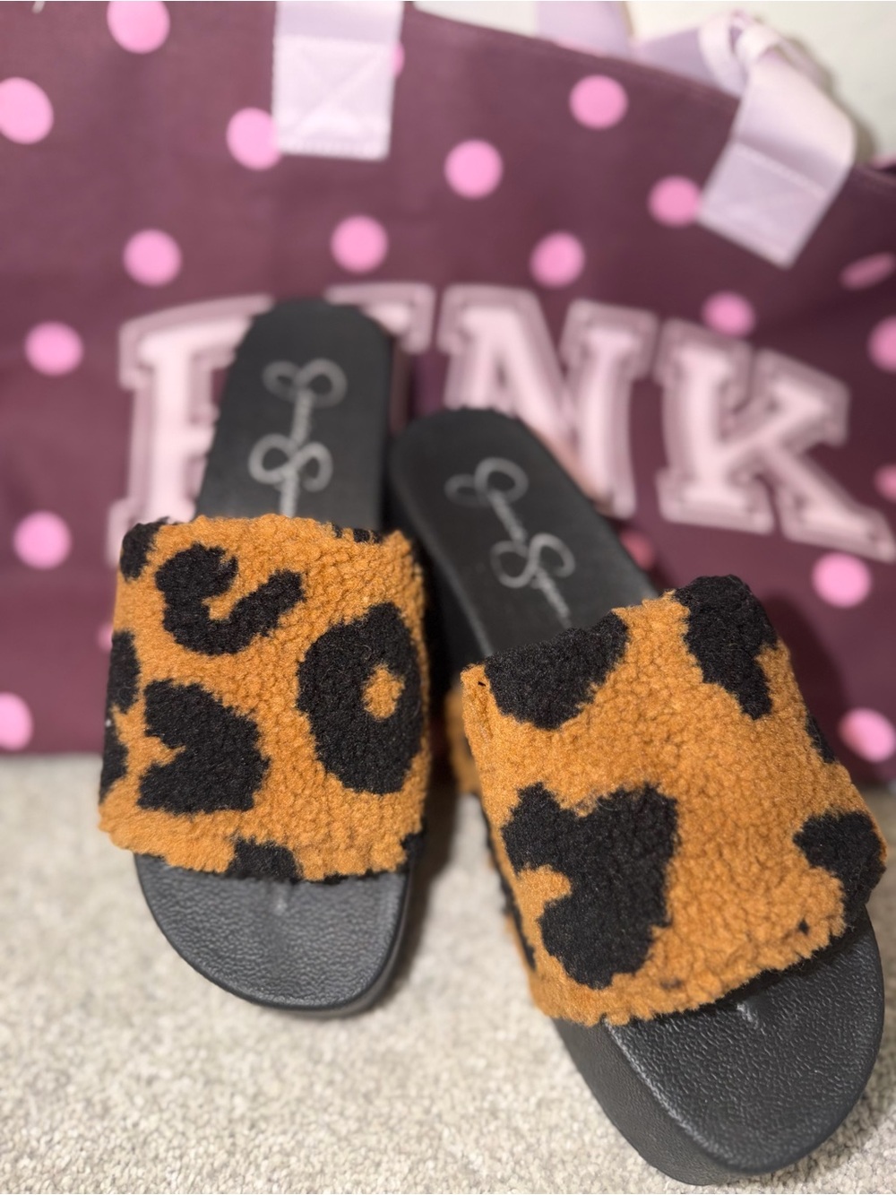 Jessica Simpson Leopard Faux-Sherpa Platform Slides in Tan & Black